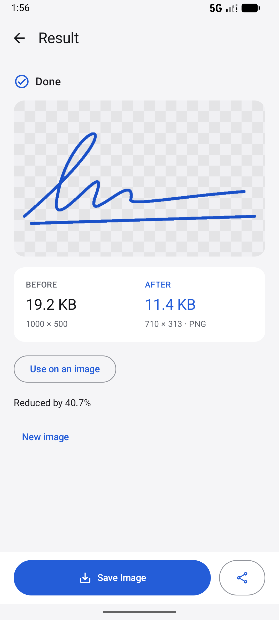 App result showing a blue signature on a transparent background
