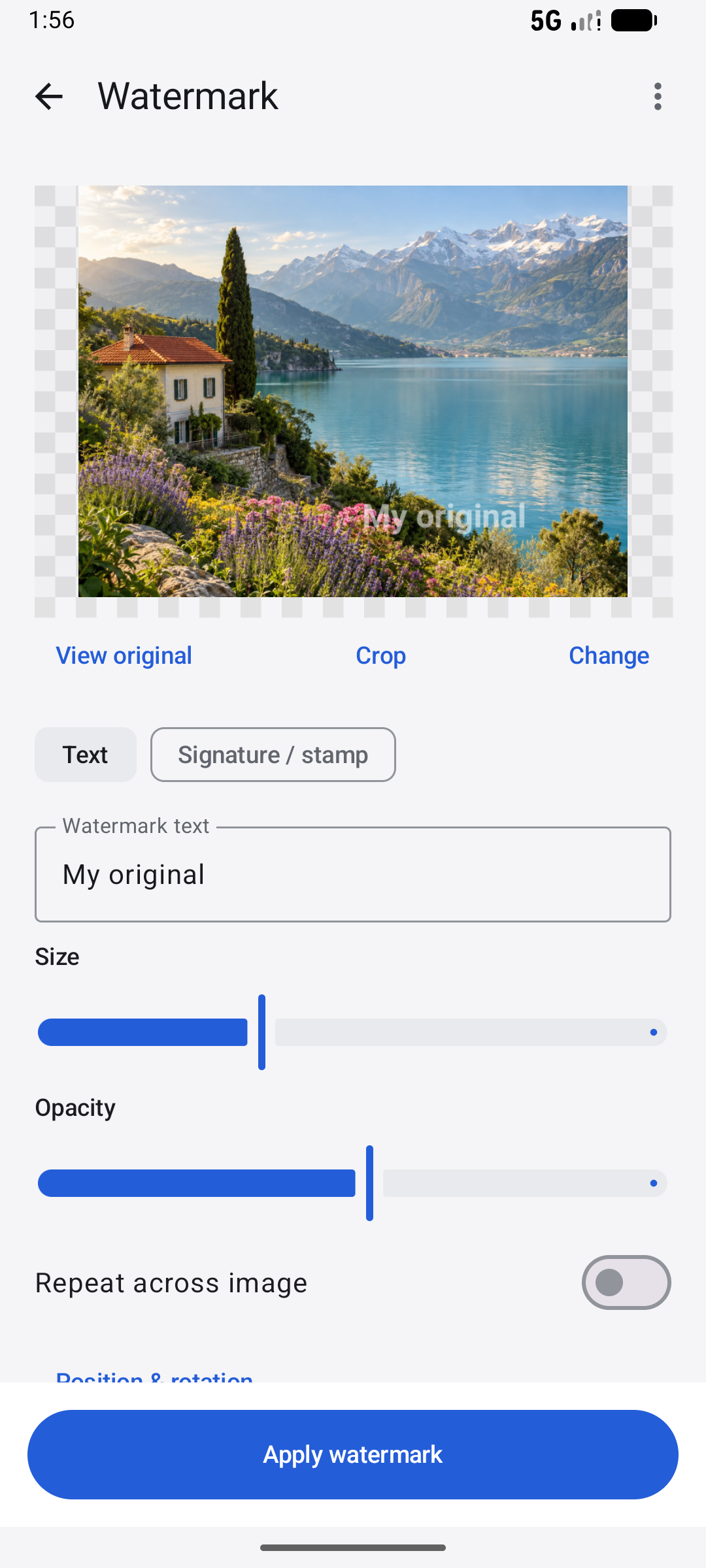 Actual watermark editor using an original generated demo photo and example text.